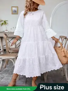 Boho Style Plus Size Solid Color Hollow Out Embroidered Dress, Round Neck Casual Loose Summer Dress, Perfect for Daily Wear & Vacation