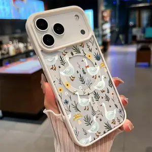 Magnetic Phone Case for iPhone 17 Pro Max 16 Plus 15 14 13 12 11 Air E Goose Floral Symphony Pattern Transparent Acrylic Four Corner Shock-absorbing Airbag Hard Cover