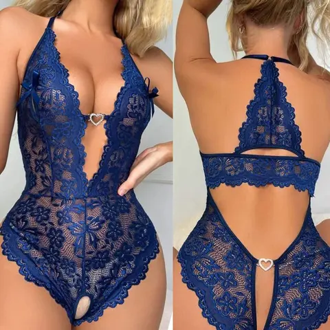 Women's 1-Piece Close-Fitting Boudoir Nightdress - Low-Cut Lace-Trim, Transparent Free Open Look, Sexy V-Neck Backless Crotch-Free Mini Lingerie