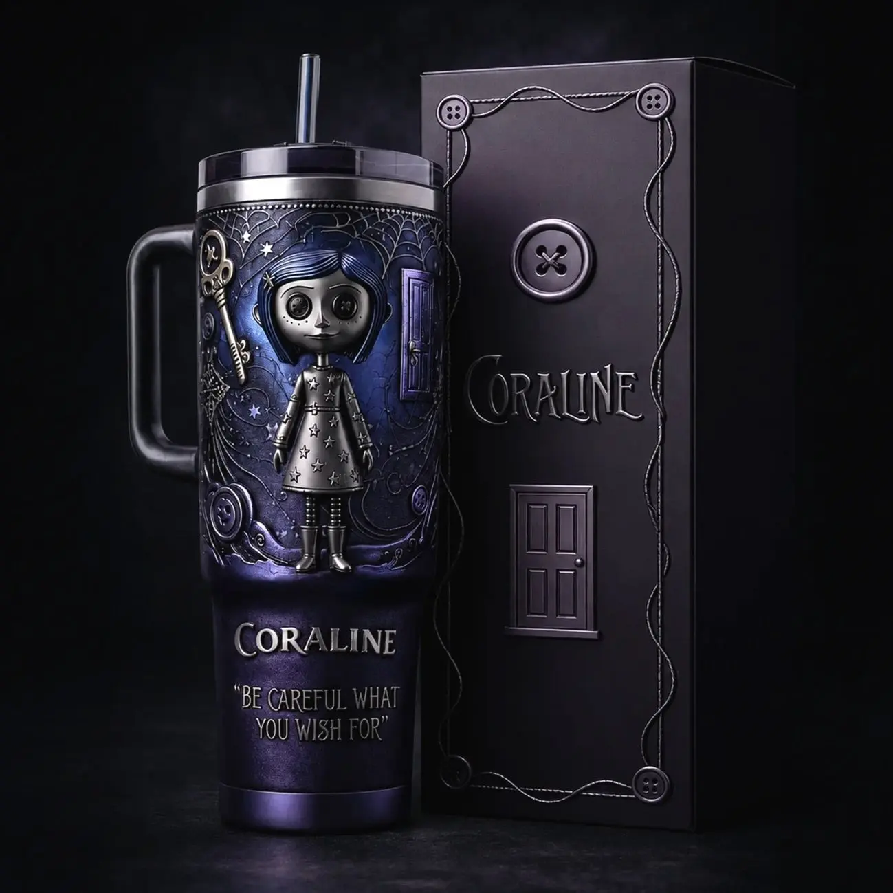 Coraline 40oz 20oz Tumbler, High-Quality Insulated Tumbler, Dark Fantasy Animated Movie Theme Cup With Handle, Curious Blue-Haired Heroine Fan Gift, Spooky Adventure Inspired Merch, Leakproof Travel Tumbler.