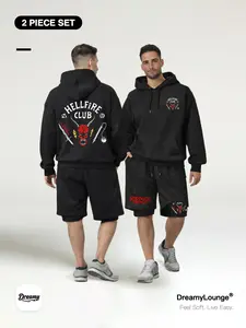 Stranger Things ｜2-Piece Set｜ Hellfire Club Loose Hoodie, Dual-Layer Mesh Breathable Shorts, Casual Fitted Graphic Style, Home Wear