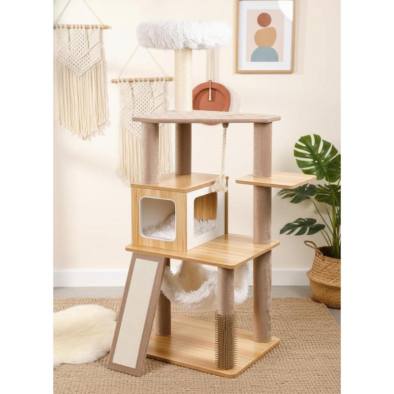 61" Modern Cat Tree Tower for Indoor Cats Luxury Climbing Tower with Plush Lounge Kitty Condos Hammock & Scratching Posts Classic Cat Furniture