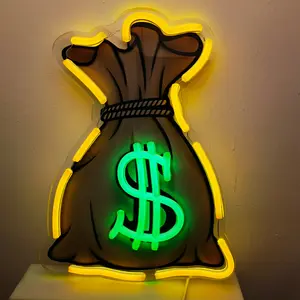 Money Bag Neon Sign LED Light with Green Dollar Sign, Yellow & Green Neon Wall Decor for Bedroom, Office, Bar, Man Cave, USB Powered Cash Bag Neon Lights, Fun Finance-Themed Room Decor Gift for Adults & Teens, Decorative Neon Sign, Modern Mood Lighting