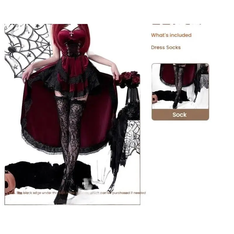 2026Women's Gothic Halloween Costume, Tuxedo Style Dress for Witch and Vampire Cosplay with Striped Socks Accessories, Clothes, Black Dress, Dress Socks
