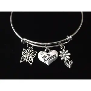 Happy Birthday Expandable Charm Bracelet Silver Adjustable Bangle Trendy Gift Butterfly Daisy