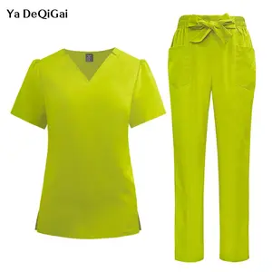 Surgical Uniforms Woman Fashion Bow Belt Nursing Scrubs Set Medical Uniform Top Pants Hospital Clinical Suits Beauty Spa Clothes