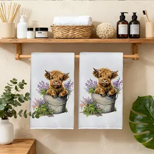2 Floral Bucket Highland Cow Kitchen Towels, 16*24 inches, Soft Absorbent Dish Cloths, Kitchen Cleaning Cloths, Home Decor Towel Set, Suitable for Kitchen Decoration, Holiday Gifts, Birthday Gifts, Highland Cow Enthusiasts