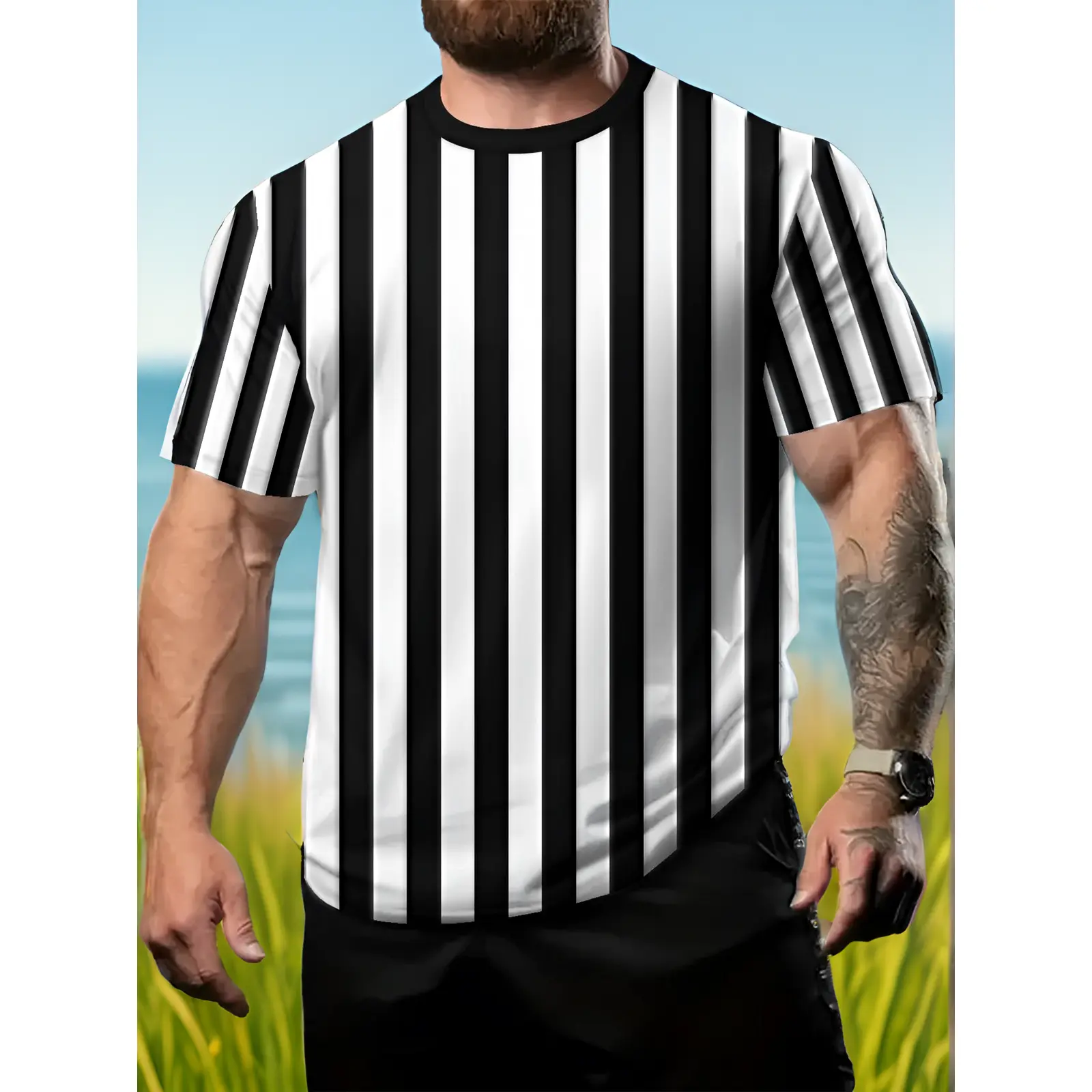 Men'S Mesh Breathable Referee T-Shirt - Heavyweight Athletic Fit Short Sleeve Crew Neck, Black And White Vertical Stripes, Lightweight Sport Casual T-Shirt - Referee Uniform Shirt with Bold Stripes, Machine Washable, Fashionable And Comfortable
