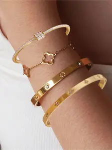 4-piece Minimalist Stainless Steel Bracelet Set - Lightweight Bracelet and Bracelet Set, Fashionable Daily Wear Bracelet, Casual Date Jewelry, Elegant Jewelry Bracelet