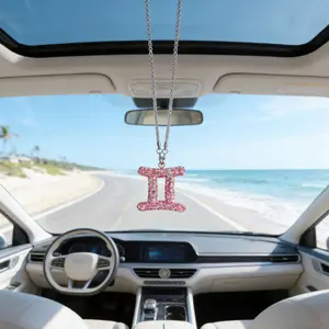 Zodiac Car Pendant with Rhinestones, Steel Chain Rearview Mirror Charm, Car Hanging Ornament, 12 Zodiac Options, Elegant Car Accessory for Women
