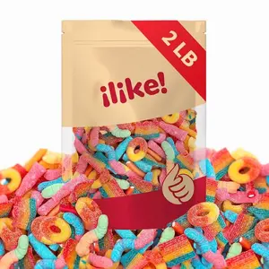 Gummy Candy Mix | 2-Pound Bag | Peach Rings, Pencil Bites, Neon Worms, Bottles, Belts | Sweet & Sour Gummies for Candy Buffets, Snacking, and Gifting