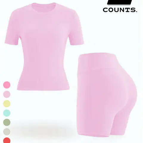 Women's Slim-Fit Short Sleeve Tee & Shorts Set, Breathable Stretchy Quick-Dry Fabric, Casual Fashion Co-ord Set for Home & Outdoor Activities, Athleisure Sportswear, Workout Sets