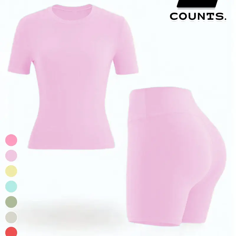 Women's Slim-Fit Short Sleeve Tee & Shorts Set, Breathable Stretchy Quick-Dry Fabric, Casual Fashion Co-ord Set for Home & Outdoor Activities, Athleisure Sportswear, Workout Sets