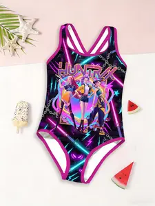 Girls Kpop Series One-Piece Swimsuit Style, Magic Halo Character Cartoon Anime Print, Back Cross Strap Fashion Swimwear Beach Vacation New