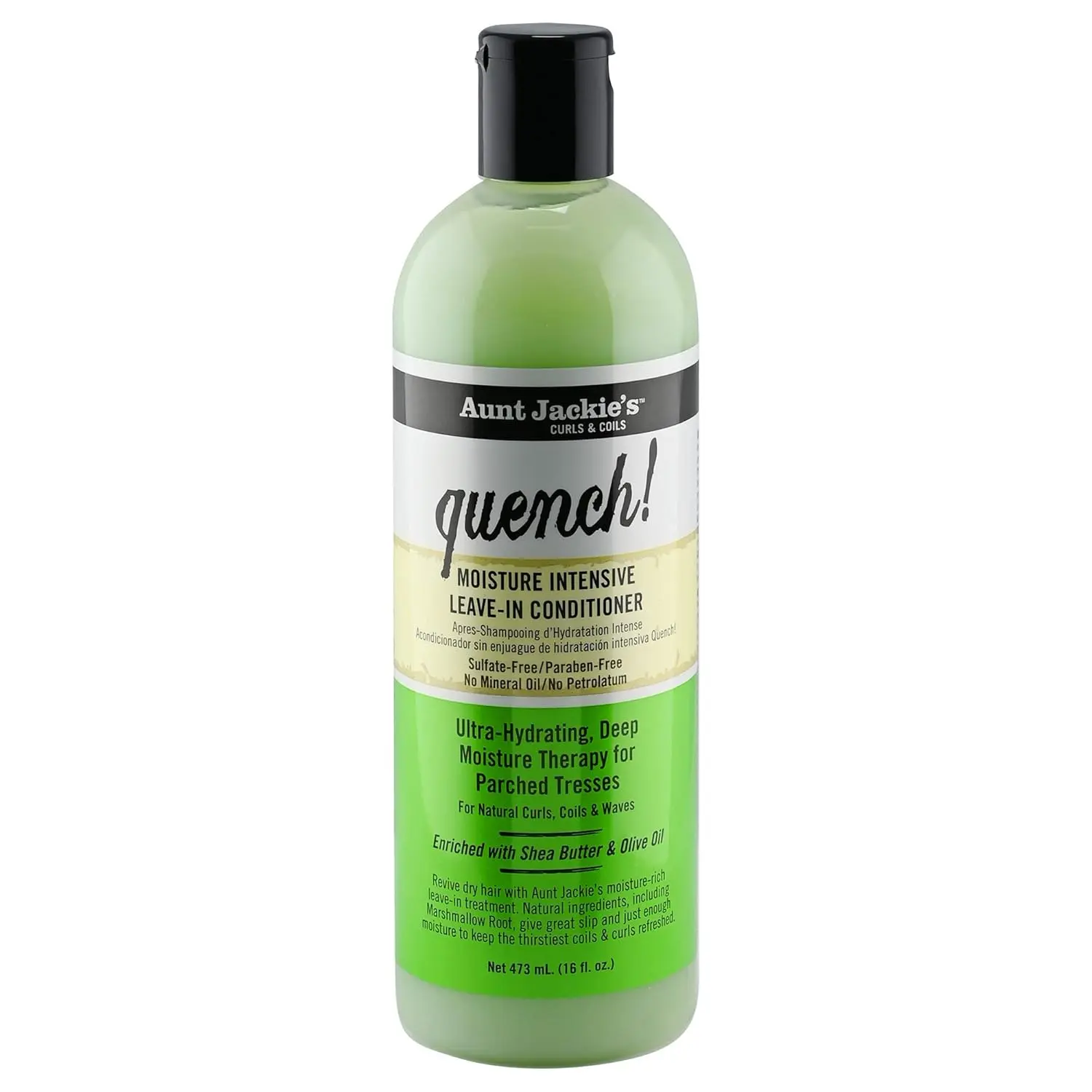 Aunt Jackie's Quench! Leave-In Conditioner with Shea Butter & Olive Oil, Gentle Anti-Frizz Moisturizer for Natural Curls, Coils & Waves, 12 oz, Haircare