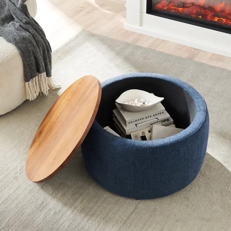 Backless Armless Classic Tall Round Storage Ottoman - Handmade by Skilled Artisans, Upholstered in Pleated Fabric, 2-in-1 Indoor Furniture Stool, Multi-Functional End Table, Navy, 25.5"x25.5"x14.5", Assembly Required, Suitable for Living Room & Bedroom, S
