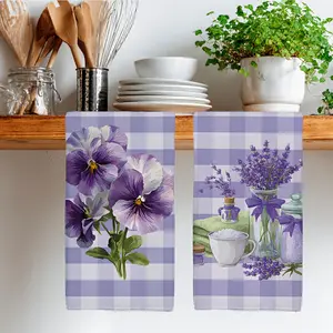 2pcs 23.6x15.7 In Country Style Purple Pansy Lavender Kitchen Towels Dishcloths Dish Towel Hello Spring Bathroom Towels Decorative And Durable Ideal Farmhouse Bathroom Home Decor For Drying