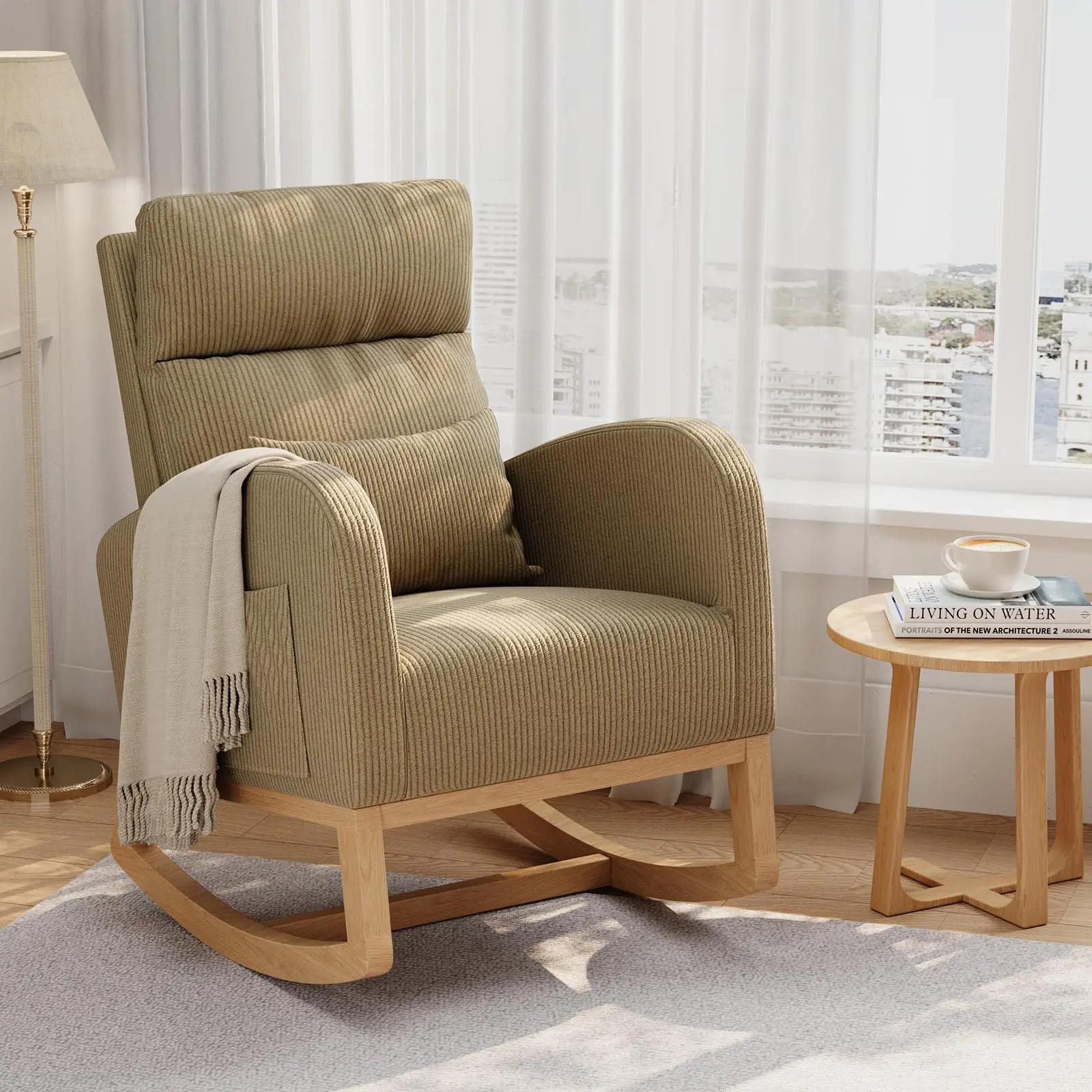 Modern Soft Fleece Upholstered Glider Recliner Chair - PU Leather Accents, Side Pockets, Pillow for Adults' Nursing, Reading, Nursery, Living Room