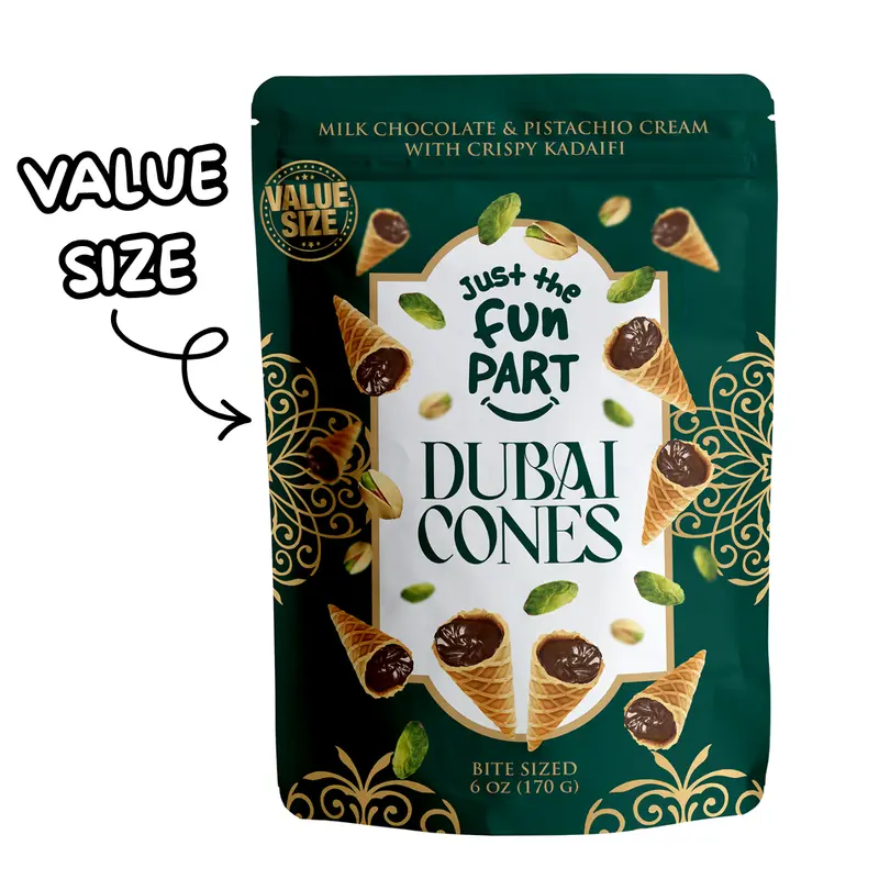 Just The Fun Part Dubai Cones with Chocolate & Pistachio Cream & Crispy Kadaifi Snack Bite Dessert Crunchy Sweet