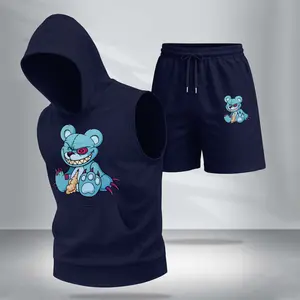 Men's Casual Two-Piece Set: Tie-Dye Bear Athleisure Streetwear — 5-Color Hooded Vest & Shorts — Regular Fit, Sporty-Casual Style, Sleeveless Top & Shorts — Men's Summer Apparel