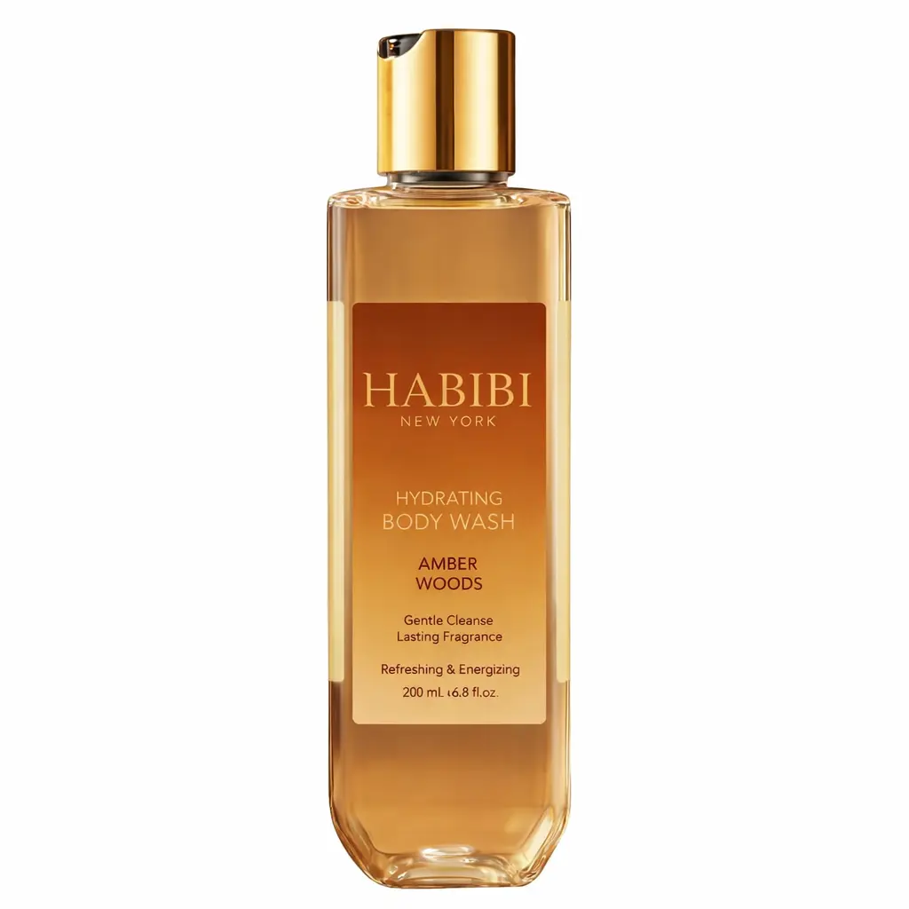 HABIBI NEW YORK Hydrating Body Wash - Aloe Vera & Panthenol Scented Cleanser, Moisturizing Body Care Product with Refreshing Aroma, Moisturizer, Everyday Shower, Youth, Amber Woods