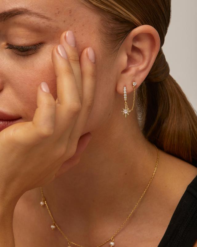 PAVOI 14K Gold Chain Earrings for Women | Double Piercing Dangle Chain Huggie Hoop Earrings | Cubic Zirconia Star Stud Ear Cuff Earrings for Women