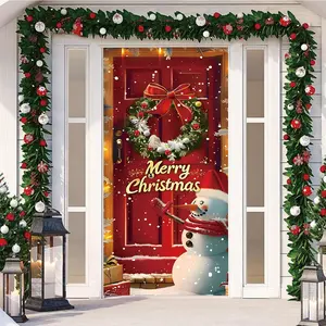Christmas Front Door Decoration Cover Porch, Elastic Fabric Door Cover for Decorating Stretch Gate Covering for Interior, External Festive Season House Decoration