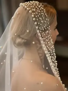 Elegant Cathedral Wedding Veil, Single Layer Pearl Design, Ivory Color Bridal Accessory, Perfect for Church Weddings