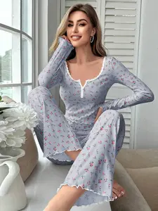 Women's Sexy Deep V Neck Floral Print Pajama Set, Slim Fit Long Sleeve Button-Up Top & Pants, Fashionable Womenswear Elegant Sleepwear, Loungewear Nightwear Set, Loungewear & Homewear for Ladies
