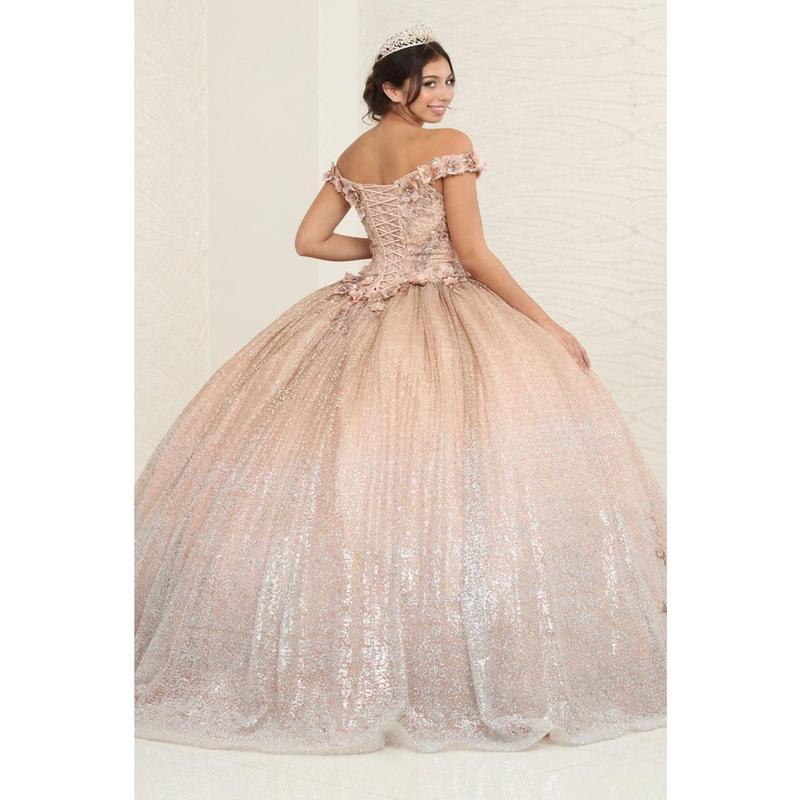 Layla K LK255 Champagne Off-Shoulder Quince Gown with Detachable Tail
