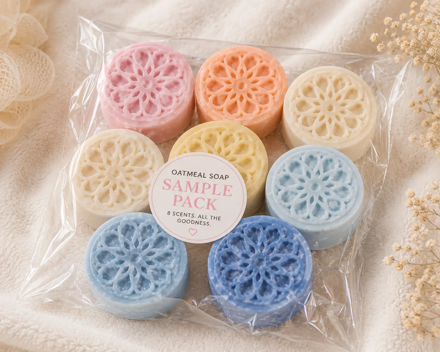 Oatmeal Soap Sample Pack + Soap Bag & Soap Ladder | 8 Handmade Mini Soaps
