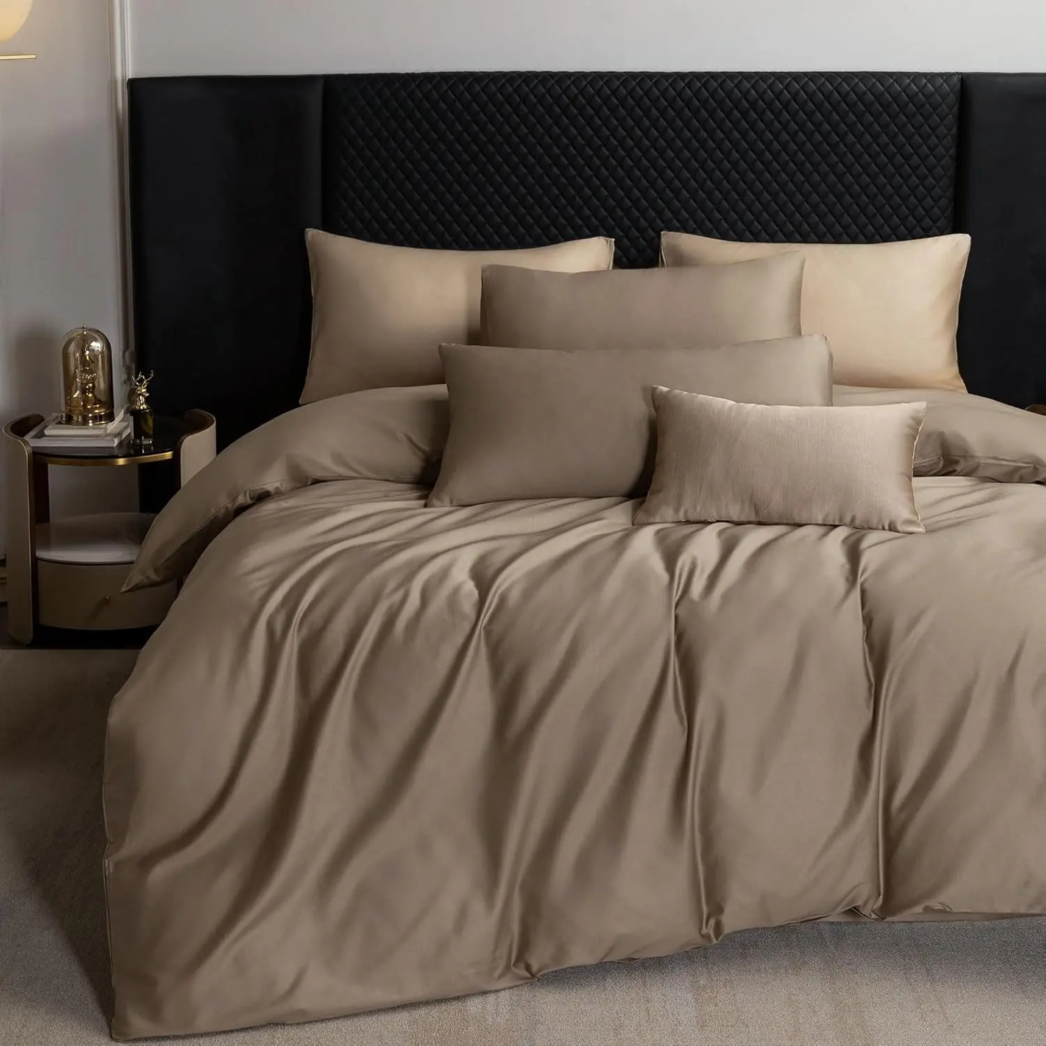 Queen Size 100% Extra Staple 600 Count Silk-Like Sateen Weave Cotton Duvet Cover Set (1 Piece, 90x90"), Solid Mocha Brown, Everyday Use, Smooth, Durable, Zipper Closure, Tumble Dry Low, Mild Laundry Detergent Recommended, 8 Interior Corner Ties