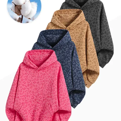 Unisex All-Over Leopard Print Soft Cotton Hoodie, Long-Sleeve Pullover Sweatshirt with Kangaroo Pocket, Casual Fall Basic Tops