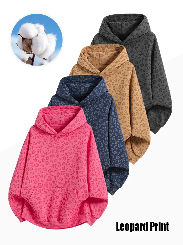 Women's All-Over Leopard Print Soft Cotton Hoodie, Long-Sleeve Pullover Sweatshirt with Kangaroo Pocket, Casual Fall Basic Tops