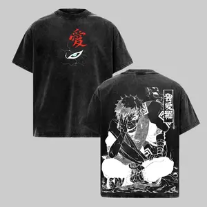 Gaara Naruto Shippuden Kazekage Vintage Washed Heavyweight Cotton Oversized Anime Manga T-Shirt, Double Printed Bootleg Graphic Tee, Y2K Aesthetic Acid Wash Faded Retro Unisex Streetwear Gym Pump Cover Sand Village Otaku Gift TikTok Trend Men