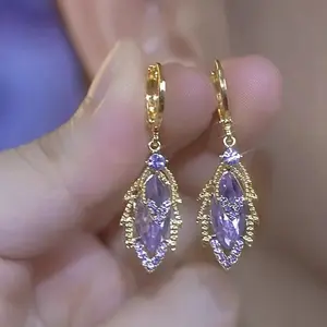 LisiZen Purple Leaf Earrings 14K Gold Plated Sparkling Zircon Design, Chic Fashion Jewelry 2025 Trend Elegant Statement Earrings for Women DZEH3402