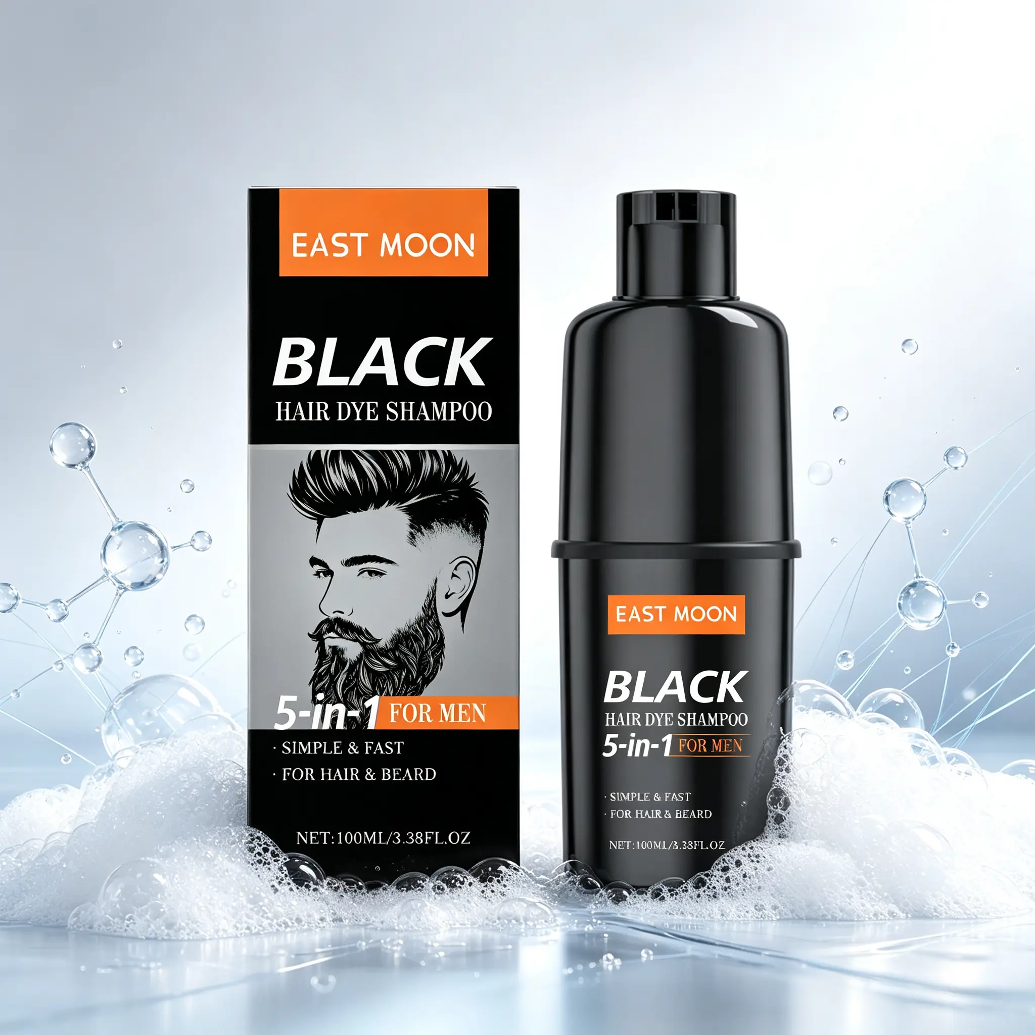 Black Hair Color Shampoo 100ml – 5-in-1 At-Home Tint for Men, Easy Hair & Beard Color with Botanical Extracts, Gentle Shampoo-In Formula for Natural-Looking Black Color