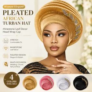 Women Elegant Pleated African Turban Hat,rhinestone Leaf Decor Head Wrap Cap,stretch Fashion Head Cover Hair Loss Scarf Headwear For Wedding Church Party Formal Occasion Fashion Accessory