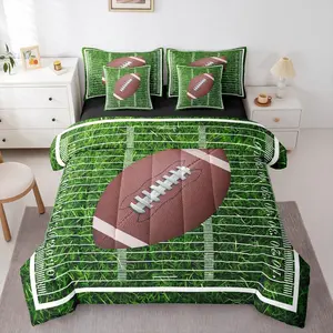 Rugby Field Games Boys Kids 7 Piece Bedding Set,| Football Soccer Comforter Set with Sheets Grass Sports Gaming Bed in A Bag Green White Natural Bed Sets