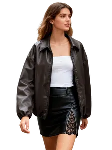 Aswulk Women Faux Leather Bomber Jacket Fall Long Sleeves Lapel Zip Up Motorcycle Biker Cropped Leather Coat