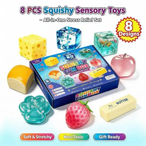 8-Piece Super Soft Squishy Set, Cute Slow-Return Fidget Toys with Food Shapes (Bread, Cheese Cubes), Sensory Products for Stress Relief, Party Favors for Indoor Recreation