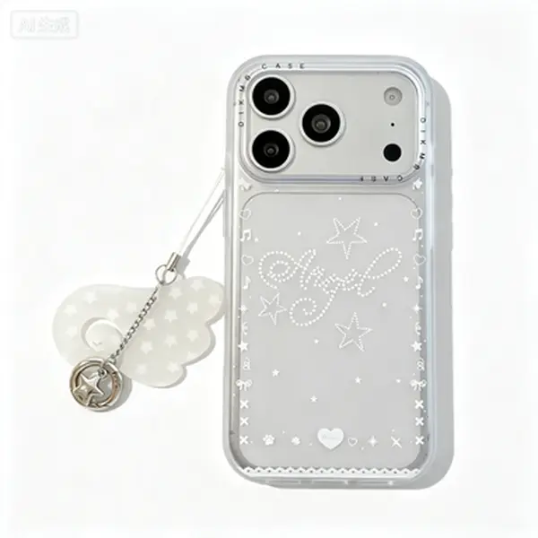 Ins-Style Semi-Frosted Shockproof iPhone Case, White Star Angel Pattern Design with Angel-Shape Charm Lanyard, Protective Phone Cover