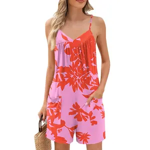 New styleSummer Beautiful Colourful Floral Printing Daily Streetwear Playsuit Fashionable Casual Sleeveless Jumpsuit Shorts With Pockets