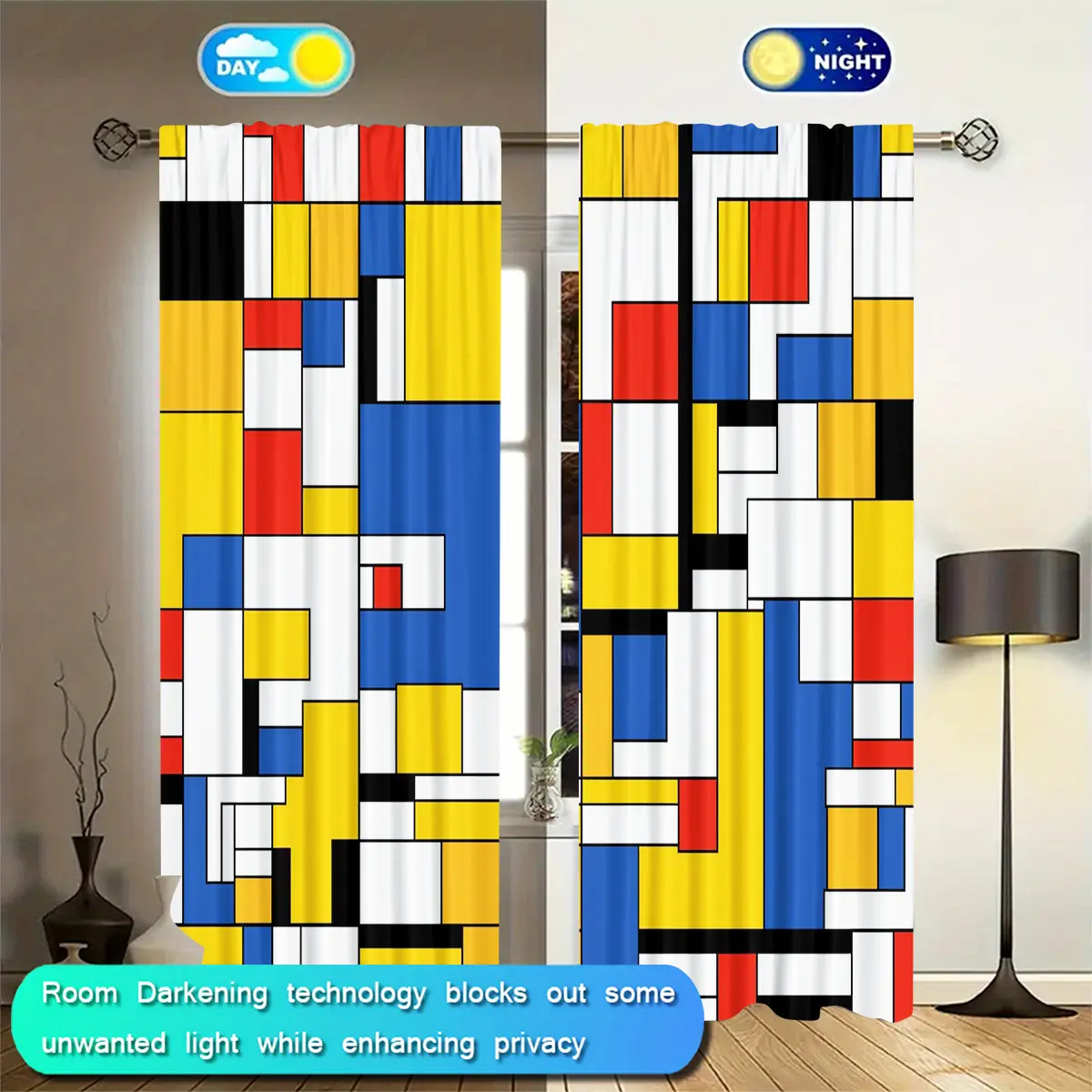 Geometric Patchwork Curtains Set, Multi-Color Polyester Fabric, Half-Opaque Drapes for Bedroom Living Room Office Home Decor