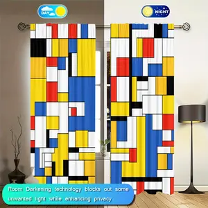 Geometric Patchwork Curtains Set, Multi-Color Polyester Fabric, Half-Opaque Drapes for Bedroom Living Room Office Home Decor
