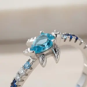 Sea Turtle Ring | Dainty Aquamarine Ocean Jewelry | Cute Silver Tortoise Ring | March Birthstone