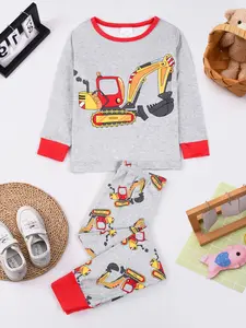 Boys' Excavator Print Pajama Set, Round Neck Long Sleeve Top & Pants, Casual Fitted Home Wear, All Seasons Comfort