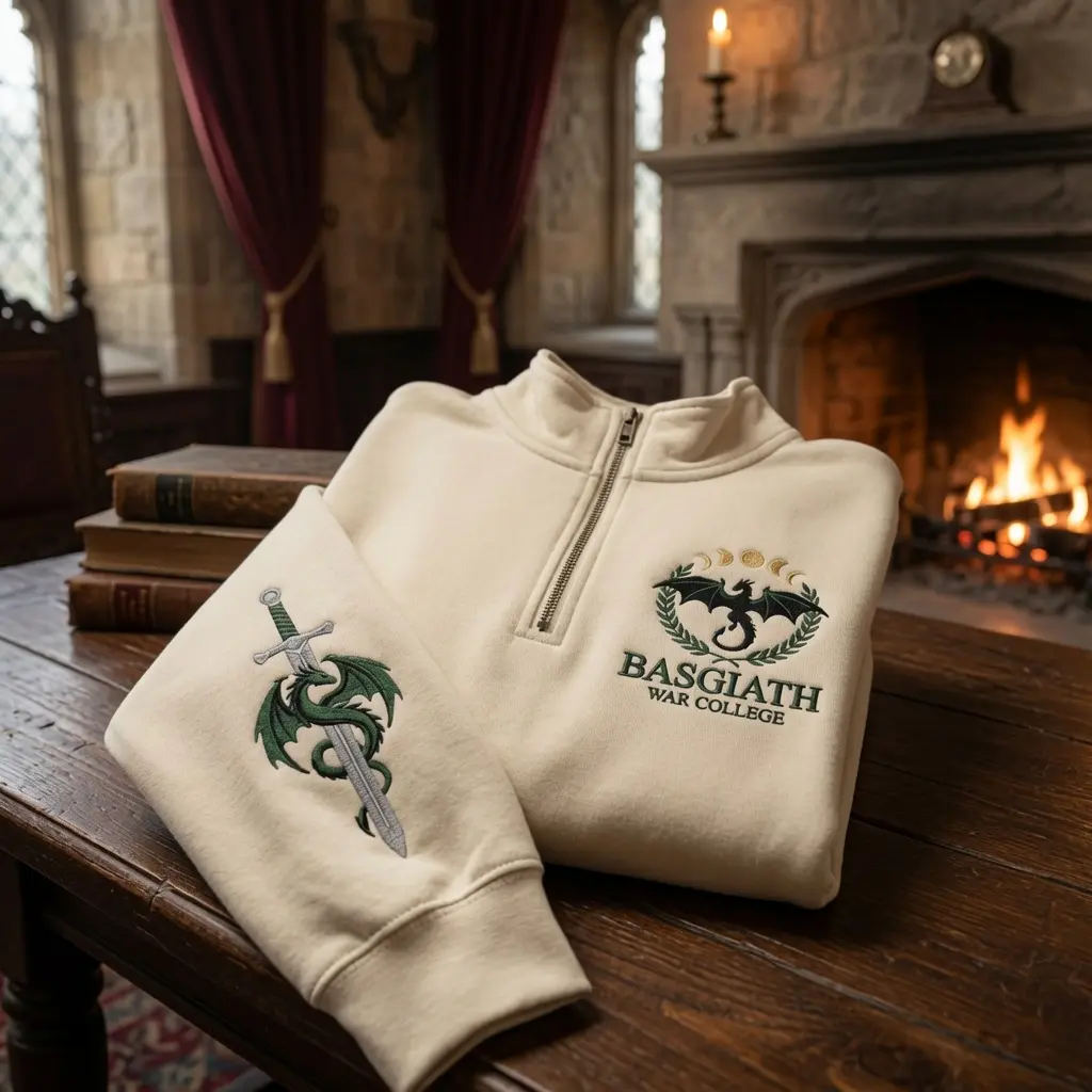 Embroidered Basgiath War College Quarter Zip Sweatshirt, Fourth Wing Sweatshirt, Dragon Rider Sweatshirt, Fantasy Reader Gift, Bookish Shirt