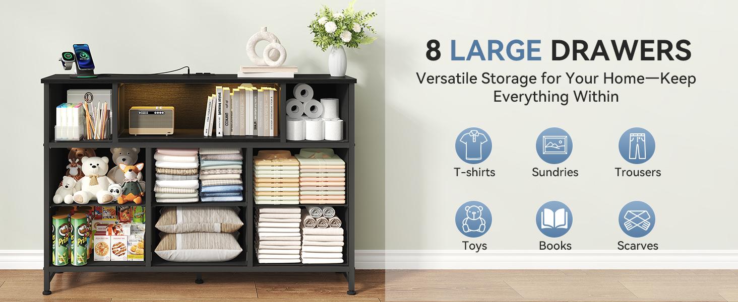 TV Stand with 8 Fabric Drawers & Power Outlet LED TV Console with USB & Type-C Storage Dresser for Living Room Modern Design TV Stand with 8 Fabric Drawers & Power Outlet LED TV Console with USB & Type-C Storage Dresser for Living Room Modern Design