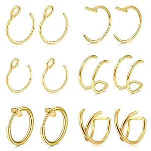 6-Pair Clip-On Earring Set, No-Pierce Cuff Earrings in Gold with Hook, C-Shaped, Double-Loop & Geometric Styles, Durable Jewelry for Everyday & Sleek Styling